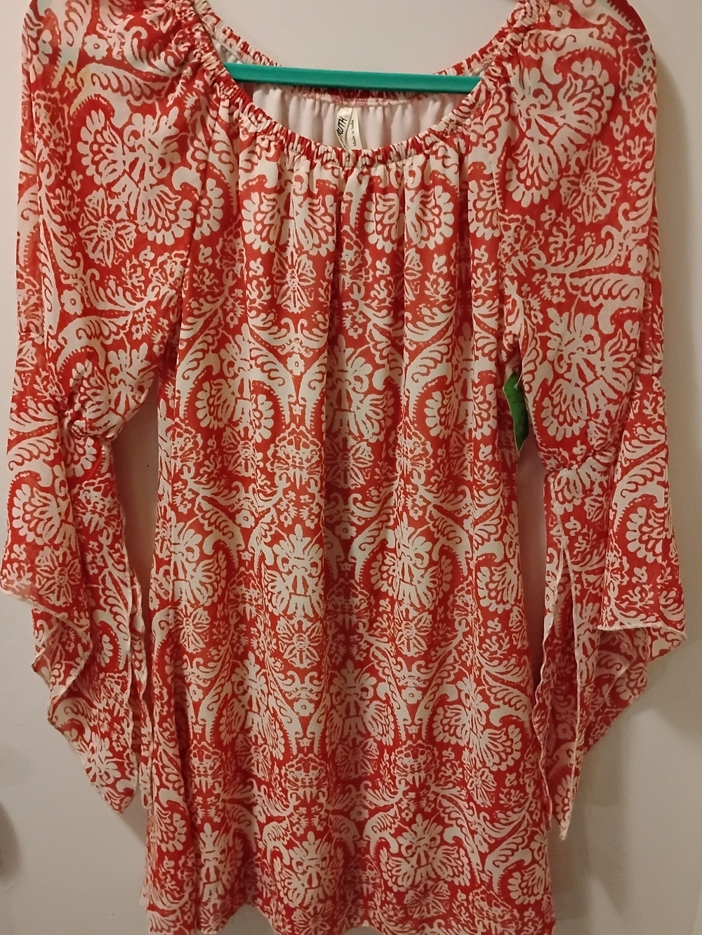 Live 4 Truth Coral and White Printed Tunic Dress Bell Sleeves Boho Festival. Med